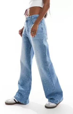 Diamante Wide Leg Jeans in Light Wash Blue