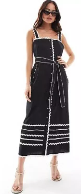 Cambria Cotton Ricrac Midi Dress in Black and White