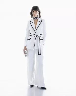 White Contrast Tipping Belted Blazer