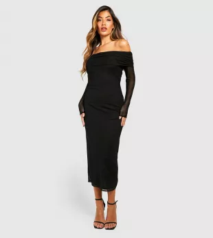 Mesh Bardot Midaxi Dress - black