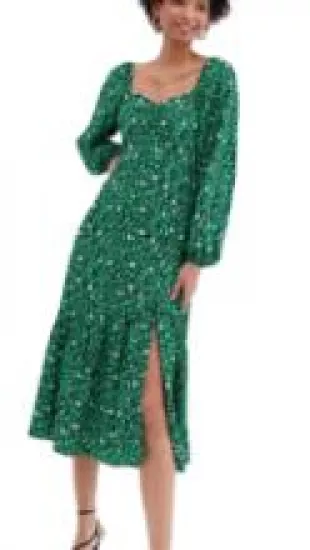 Black Ditsy Floral Tie Back Puff Sleeve Midi Dress