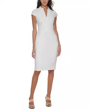 Cap Sleeve Split Neck Sheath Dress