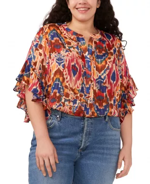 Trendy Plus Size Printed Pintucked Ruffle Sleeve Blouse
