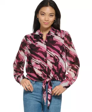 Plus Size Long Sleeve Tie Front Notch Collar Printed Chiffon Top