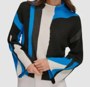 Asymmetric Colorblock Mock Neck Sweater