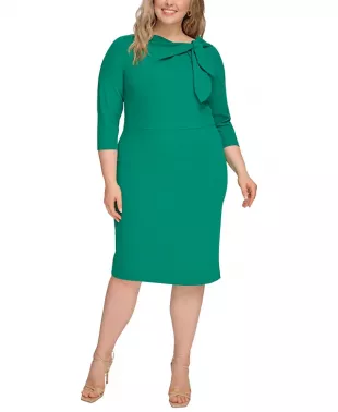 Plus Size Tie Neck 3/4 Sleeve Sheath Dress