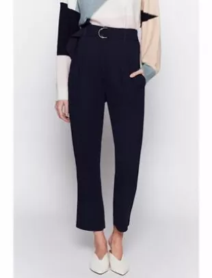 Pleated Belted Crepe Tapered Cropped