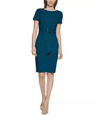 Classic Belted Sheath Dress in Cypress