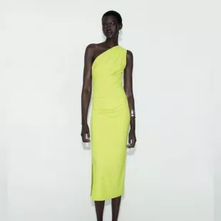 Zara Drapped Fitted Asymmetrical Dress Neon Yellow worn by Kerry Katona as  seen in Celebs Go Dating (S014E15) | Spotern
