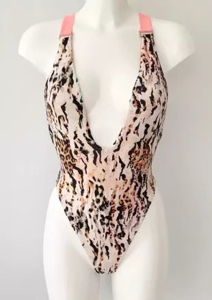 Peach Animal Print High Leg Plunge Swimsuit