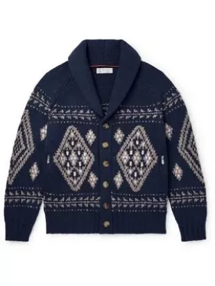 - Shawl-Collar Jacquard-Knitted Cashmere Cardigan