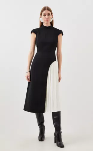 Petite Tailored Crepe High Neck Side Pleat Detail Midi Dress