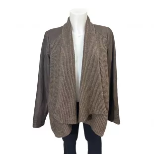 Brown Leather Wool Yak Ribbed Knit Draped Open Front Cardigan sz Small
