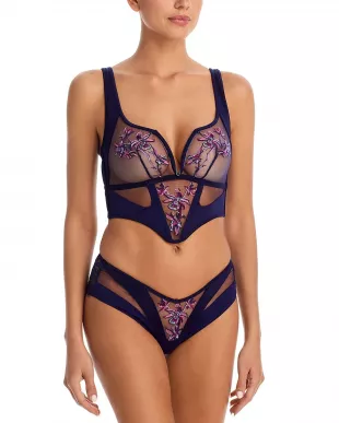 Purple Floral Embroidered Mesh Bustier.