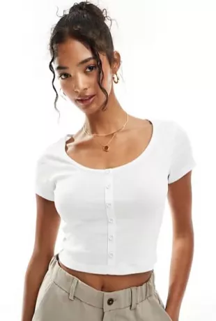 Button Through Scoop Neck Tee