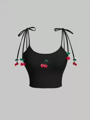 x Marika Sila Shein Mod Cherry Embroidery Tie Shoulder Cami Top