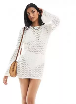 Crochet Low Back Long Sleeve Mini Dress