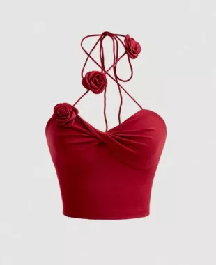 Red Date Night Summer Women's 3d Flower Cross Halter Top