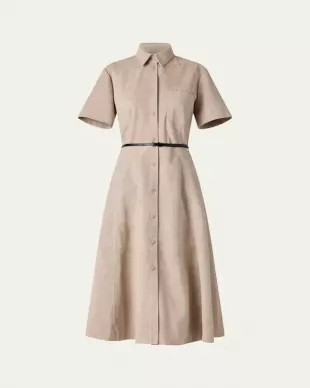 Kiera Suede Fit-Flare Belted Midi Dress