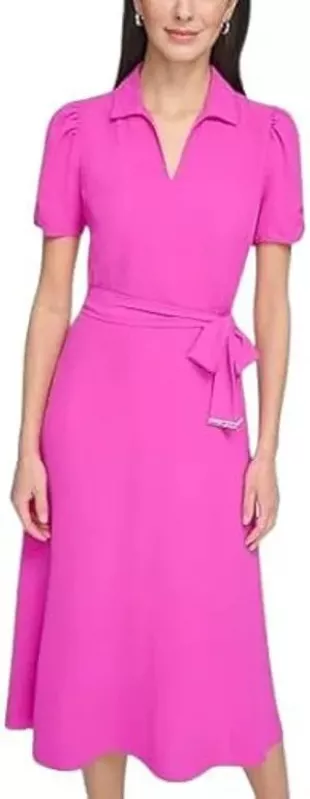 Short Sleeve Tie Fit & Flare Midi Dress