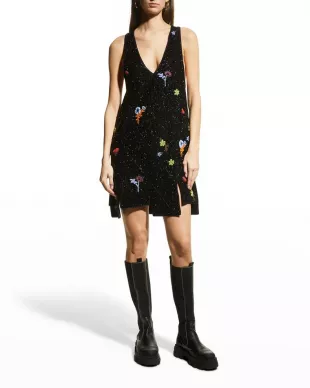 V-Neck Beaded Panel Mini Dress