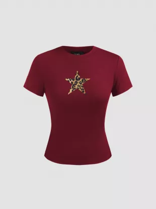 Round Neckline Leopard Star Graphic Short Sleeve Tee