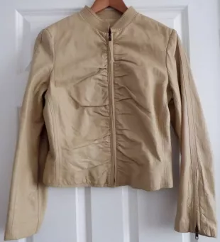 Cream Beige Leather Mandarin Collar Ruched Biker Jacket Small 12