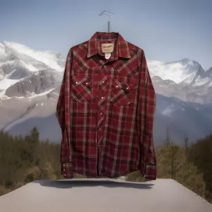 Men's Wrangler Western Fashion Shirt M Pearl Snap Red Long Sleeve Plaid Pockets