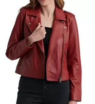 Women's Long Sleeve Notched Lapel Leather Moto Jacket
