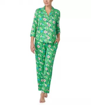 3/4 Sleeve Notch Collar Long Knit Floral Print Pajama Set