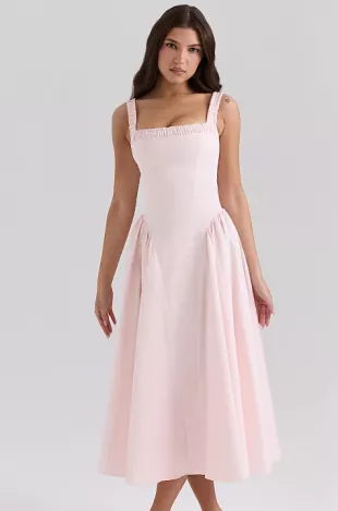 Dorothy Stretch Cotton Midi Sundress in Rose Pink