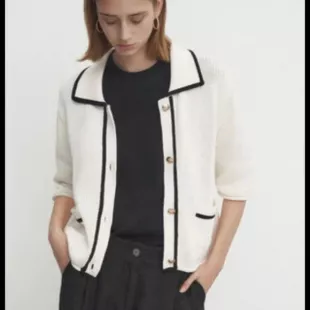 Contrast Knit Textured Cardigan with Pockets Ecru