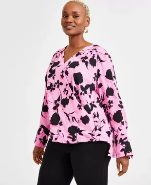 Plus Size Floral Surplice Blouse