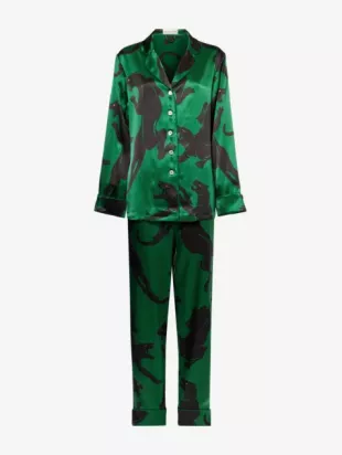 Lila Poiret Green Panther Pajamas in Silk Satin