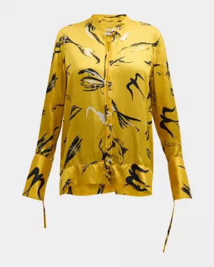 Painted Birds Button Down Silk Blouse