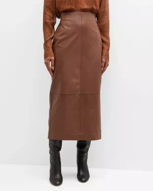 Paneled Leather Midi Pencil Skirt