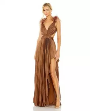 Ieena Pleated Feather Cap Sleeve Open Back Gown