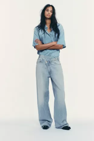 TRF High Waist Crossover Waist Wide Leg Jeans