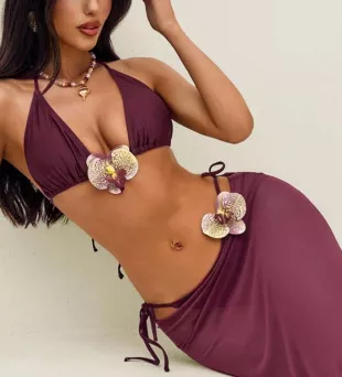 Women Summer Beach 3D Floral Decor Halter Tie Sexy Bikini Swimsuit Set