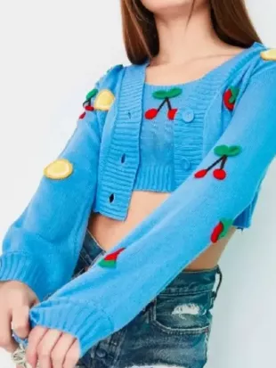 Electric Bloom Ruby Marino Cherry & Lemon patches cardigan