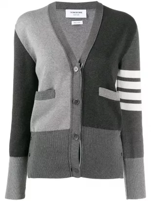 Gray & White Funmix 4-Bar Relaxed Fit V-Neck Cardigan