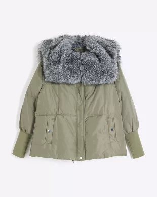 Light Khaki Padded Faux Fur Collar Jacket