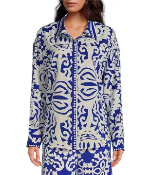 Border Print Oversized Long Sleeve Button Front Coordinating Shirt