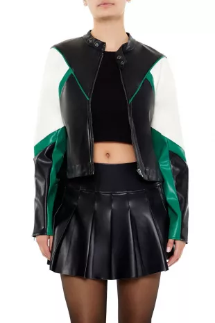Cropped Faux Leather Colorblock Zip-Up Jacket