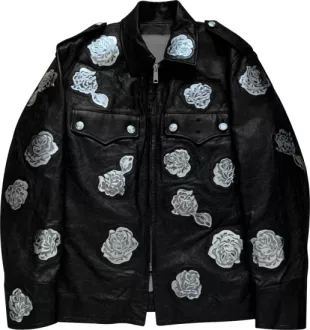 Black Metallic Rose Patch Leather Jacket