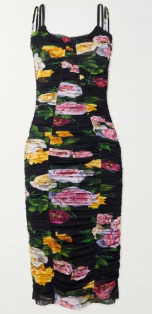 Black Floral Ruched Midi Dress