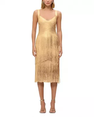 Gold Metallic Fringe Midi Dress.