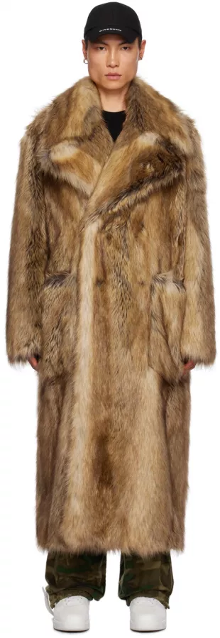 Beige Oversized Faux Fur Double Breasted Coat