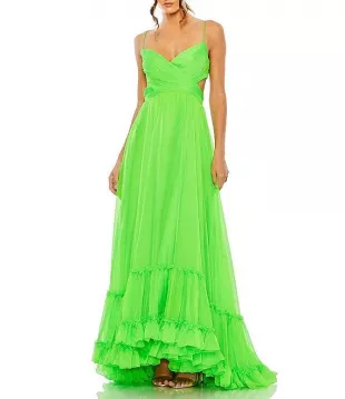 Lime Green Ruffle Tiered Gown.