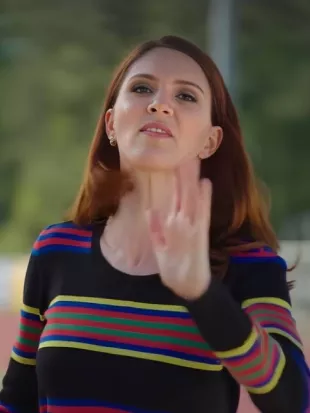 Stephanie Koenig English Teacher S02 Rainbow Striped Sweater